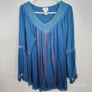 NWOT - OSO Casuals Indigo long sleeve Embroidered Blouse Top, XL